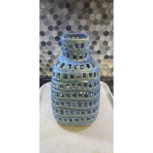 Teal Vase Reticulated Pierced Asian 11" Tall x5" Wide for Dried or Silk Flowers